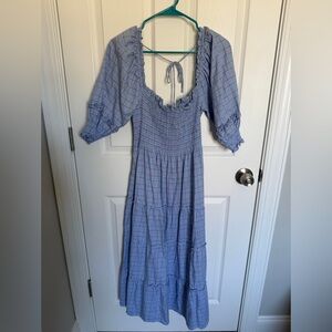 Hill House Check Smocked Midi Dress in Blue